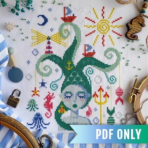 Mermaid cross stitch pattern, Modern cross stitch PDF pattern, Whimsical folk art cross stitch pattern, Fairy tale embroidery design