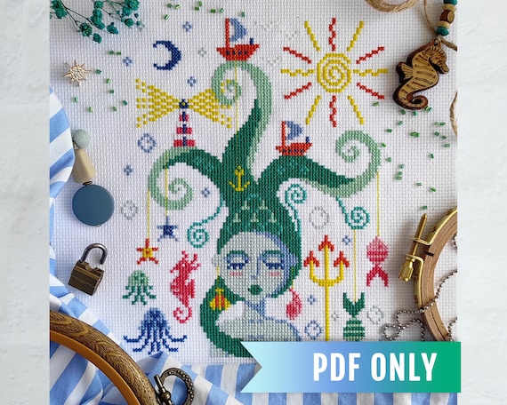 Mermaid Cross Stitch Pattern, Whimsical Embroidery (PDF Pattern)