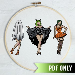 Halloween Trio cross stitch PDF pattern, Vintage Halloween cross stitch pattern, Pumpkin, Bat, Ghost, Spooky Witch cross stitch pattern