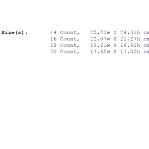 May include: Size chart for a product with measurements in inches and centimeters. The chart shows the size in count, width in inches, and height in inches. For example, size 14 count is 25.22 inches wide and 24.31 inches high.