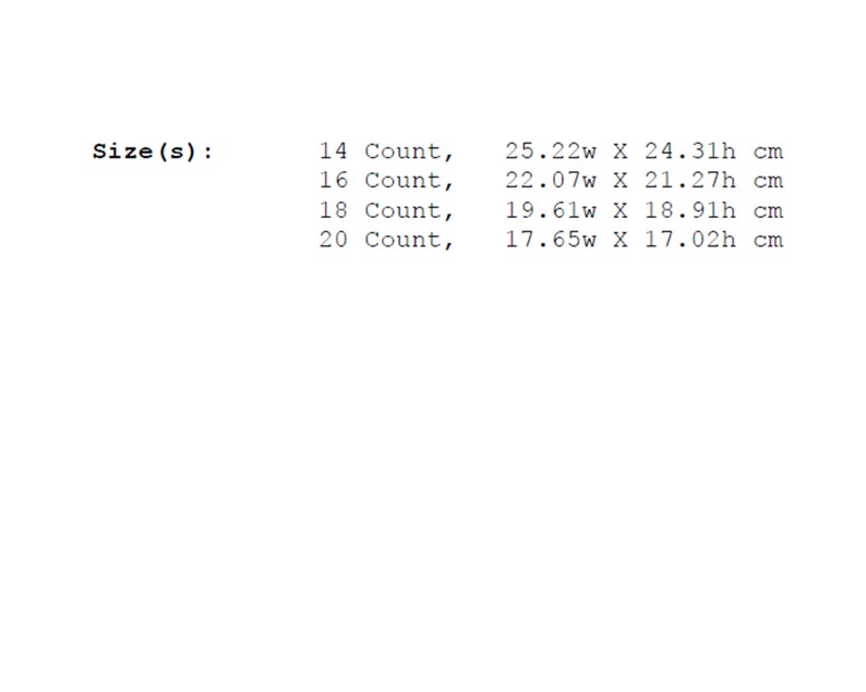 May include: Size chart for a product with measurements in inches and centimeters. The chart shows the size in count, width in inches, and height in inches. For example, size 14 count is 25.22 inches wide and 24.31 inches high.