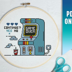 Game Over cross stitch pattern, Modern cross stitch PDF pattern, Game Mashine cross stitch pattern, Nerdy Arcade Machine embroidery design