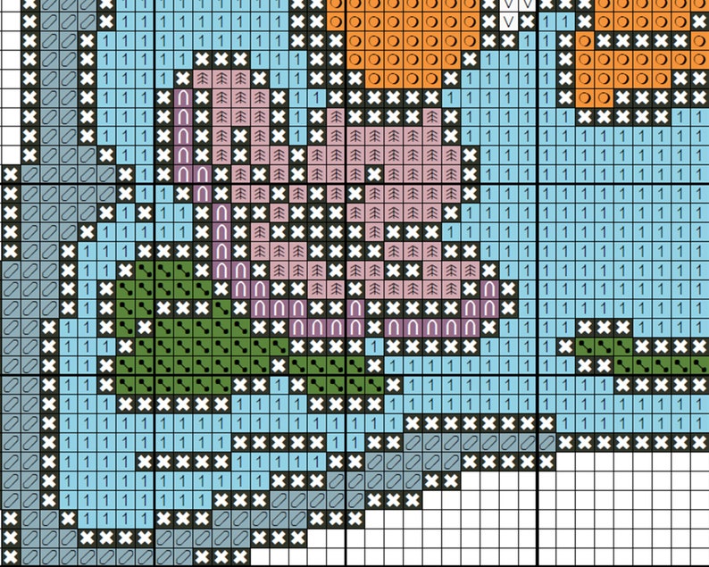 May include: Cross stitch pattern featuring a blue, green, pink, and orange design. The pattern includes a variety of shapes, including circles, squares, and triangles. The pattern is perfect for a beginner cross stitcher.