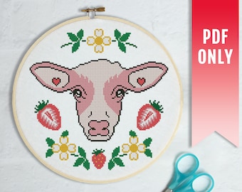 Strawberry Cow Cross Stitch Pattern, Kawaii Embroidery (PDF Pattern)