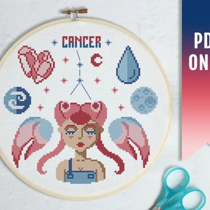 Cancer Zodiac Sign Cross Stitch Pattern to Download, Zodiac Sign Cross Stitch Pattern PDF, Astrology Cross Stitch Pattern, DIY Cancer Gift