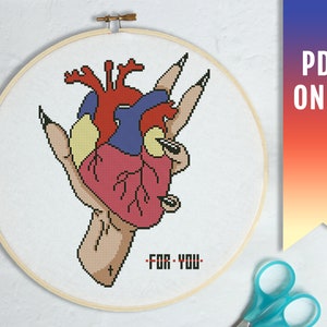 Valentine&#39;s day cross stitch pattern, Human heart cross stitch pattern, Goth cross stitch, Modern cross stitch PDF pattern, Witchy pattern