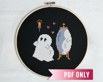 ミラーゴーストクロスステッチパターン、ハロウィーン刺繍（PDFパターン
