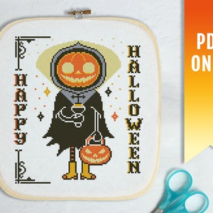 Happy Pumpkin Halloween cross stitch pattern, Spooky cross stitch pattern, Vintage Halloween cross stitch PDF pattern, Modern cross stitch