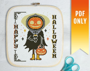 Happy Pumpkin Halloween cross stitch pattern, Spooky cross stitch pattern, Vintage Halloween cross stitch PDF pattern, Modern cross stitch