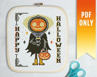 Wzór haftu krzyżykowego „Wesoły Dyniowy Halloween”, upiorny plik PDF (do pobrania w wersji cyfrowej)