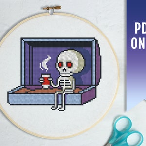 Skeleton Cross Stitch Pattern to Download, Goth Cross Stitch PDF, Funny Morning Cross Stitch Pattern, DIY Gift for Coffee Lover
