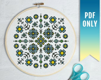 Flower Mandala Cross Stitch Pattern, Blue Geometric Embroidery (PDF Pattern)