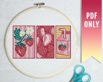 Strawberry Milk cross stitch pattern, Modern cross stitch PDF pattern, Cottagecore cross stitch pattern, Kitchen & garden embroidery design