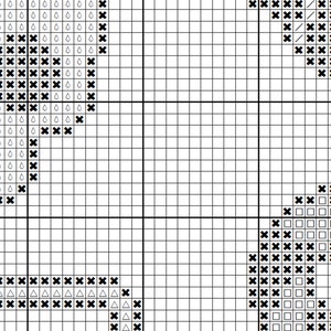 May include: Black and white cross stitch pattern with geometric shapes and a floral design. The pattern includes squares, triangles, and circles.