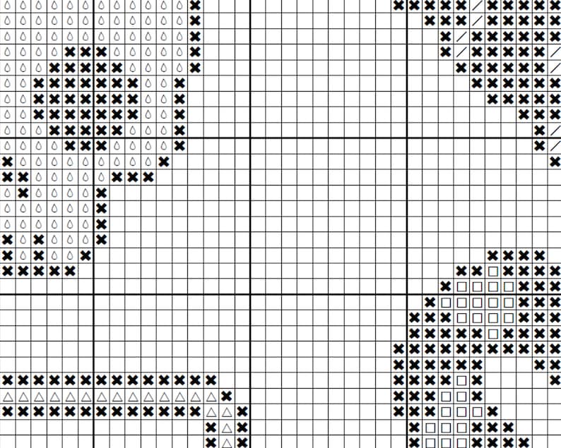 May include: Black and white cross stitch pattern with geometric shapes and a floral design. The pattern includes squares, triangles, and circles.