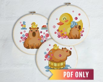 カピバラのクロスステッチパターンセット、バスルーム刺繍（PDFパターン）