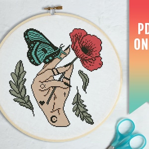 Moth and Poppy Goth cross stitch pattern, Modern cross stitch PDF pattern,Witchy embroidery design,Occult Goblincore theme,Cottagecore Decor