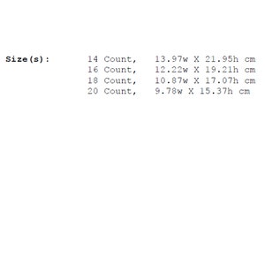 May include: Size chart for a product with measurements in centimeters. The chart shows the size, count, width, and height of the product. For example, size 14 has a count of 13.97 cm wide by 21.95 cm high.