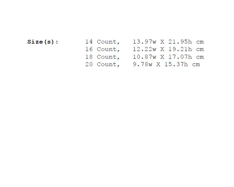 May include: Size chart for a product with measurements in centimeters. The chart shows the size, count, width, and height of the product. For example, size 14 has a count of 13.97 cm wide by 21.95 cm high.