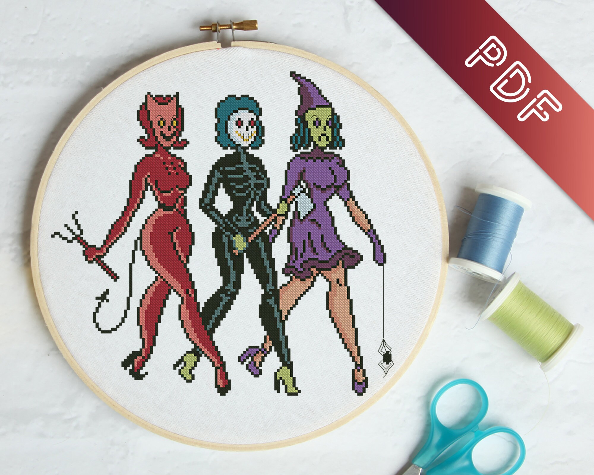 Vintage Halloween Girls - Modern cross stitch pattern - Halloween cro…