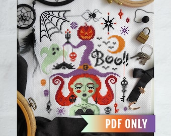 Drömsk häxa Halloween korsstygnsmönster, nyckfull goth DIY (PDF-mönster)