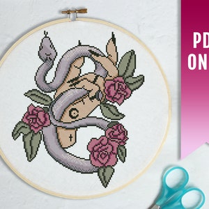 Serpent and Roses cross stitch pattern, Goth cross stitch pattern, Modern cross stitch PDF pattern, Witchy Embroidery, Snake cross stitch
