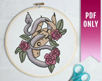 Serpent and Roses Cross Stitch Pattern, Goth Embroidery (PDF Pattern)