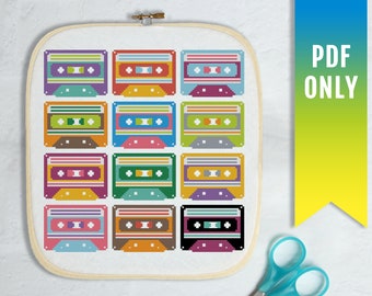 Mix Tapes Cross Stitch Pattern, Retro 80s Cassette Design (PDF Pattern)
