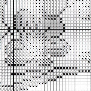 May include: Black and white cross stitch pattern with a variety of symbols, including circles, crosses, and trees. The pattern is on a white background and is framed by a black border.