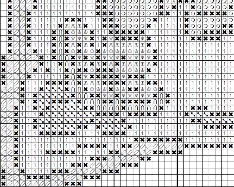 May include: Black and white cross stitch pattern with a variety of symbols, including circles, crosses, and trees. The pattern is on a white background and is framed by a black border.