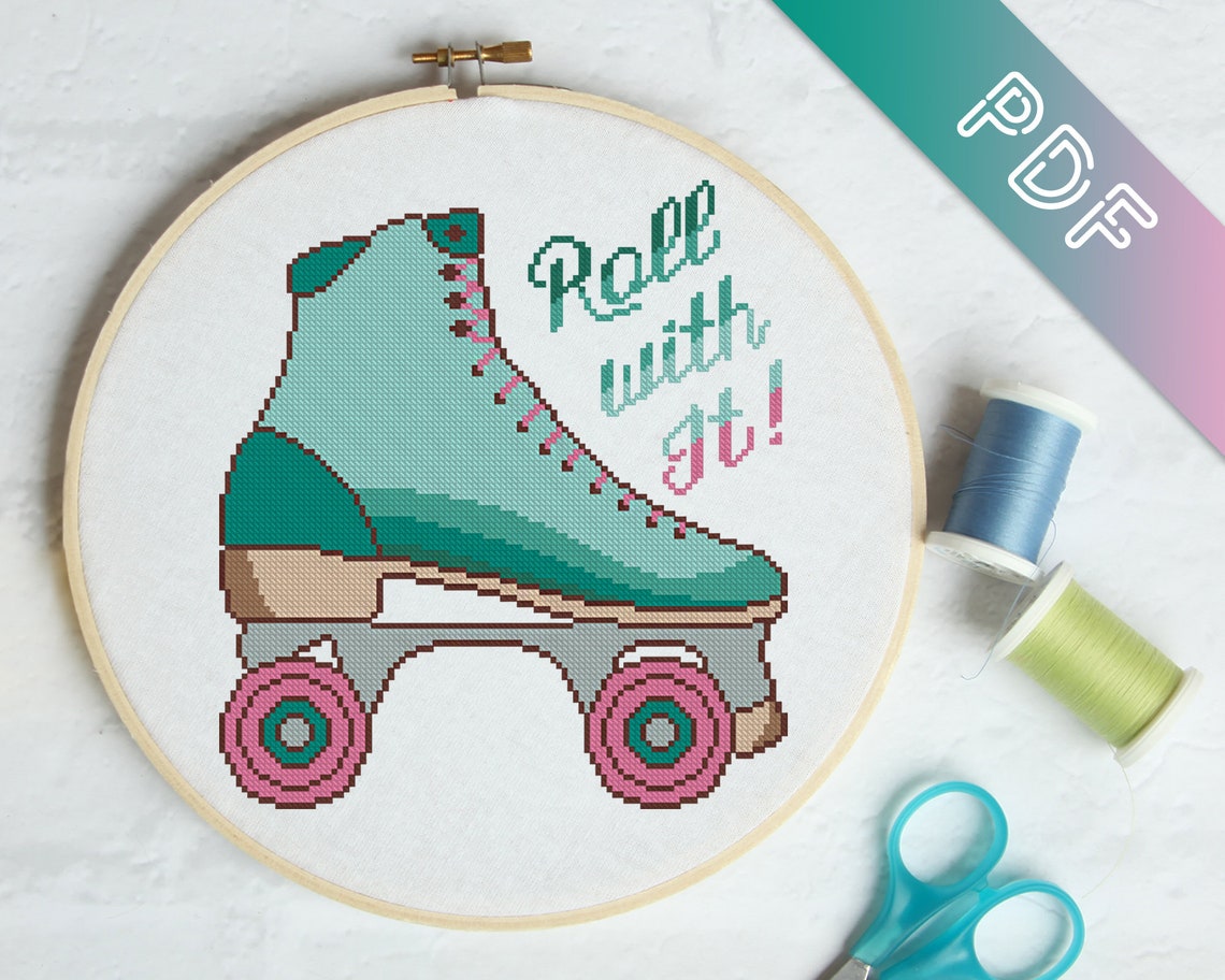 Roll with It Roller Skate Cross stitch pattern PDF instant Etsy