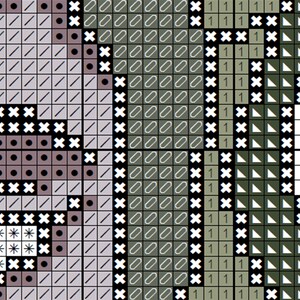 May include: Close-up of a cross-stitch pattern with a variety of colors, including gray, brown, green, and white. The pattern features a variety of shapes, including squares, circles, and triangles.