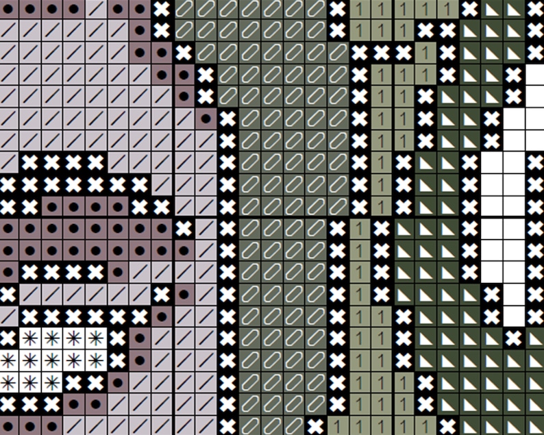 May include: Close-up of a cross-stitch pattern with a variety of colors, including gray, brown, green, and white. The pattern features a variety of shapes, including squares, circles, and triangles.