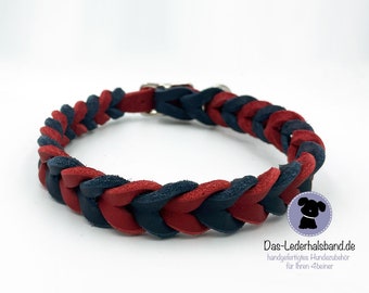 Collier en cuir gras, collier pour chien, collier en cuir tressé rouge-bleu foncé - différentes largeurs