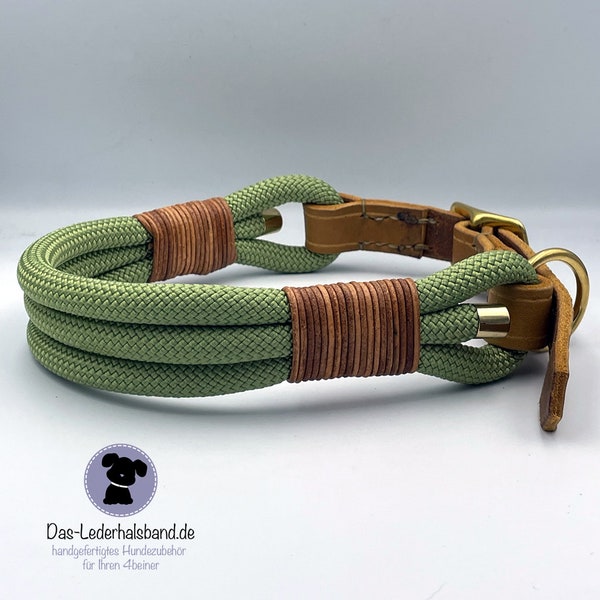 Tau-Meets-Fettleder - Hundehalsband "Pistazie" mit Cognac