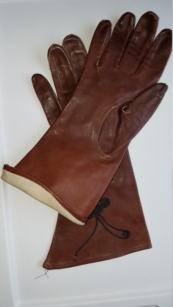 Vintage Women's Gloves Brown Leather with Black e… - image 3