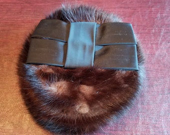 Womens Vintage Mink Pillbox Hat with Black Satin Double Bow on Crown