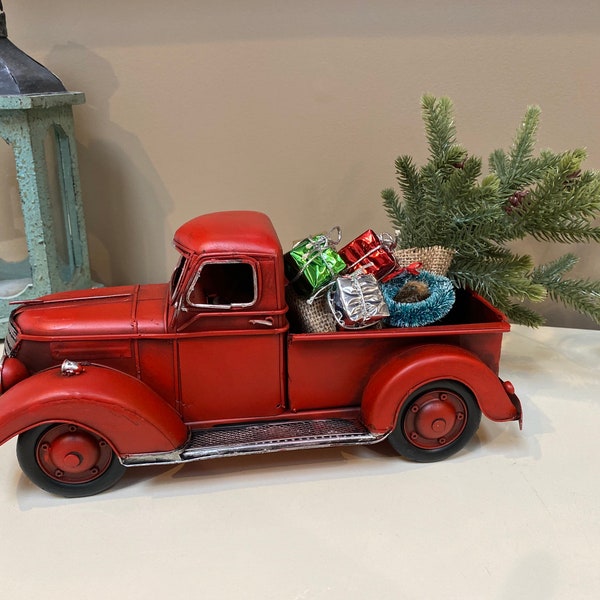 Red Vintage Metal Pickup Truck with Christmas Tree / Large 13" Old Style