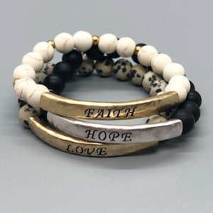 Faith Hope Love, beaded bracelets, 8mm beads, Christian jewelry, bracelet stack, stacking, layer, gifts for women