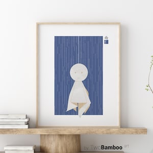 Teru Teru Bozu, Teru Teru Print, Indigo Wall Art, Navy Blue Wall Decor, Digital Donwload, Japanese Doll, Sashiko, Asian Art Print