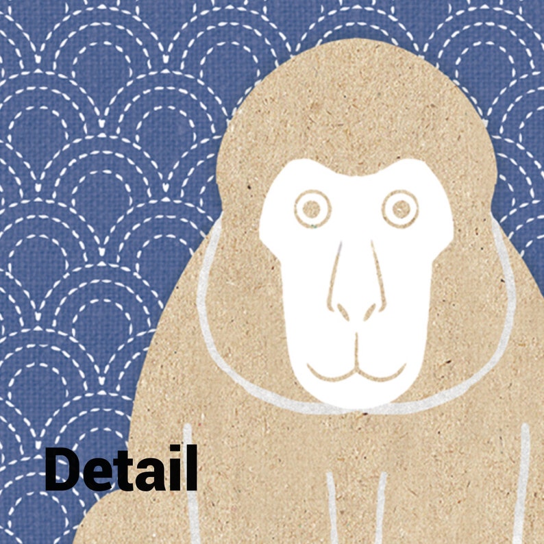 May include: A close-up of a brown monkey face with white eyes, nose, and mouth. The monkey is on a blue background with a white pattern.
