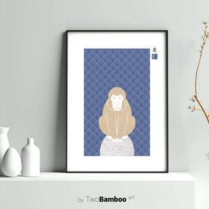 May include: A digital art print featuring a stylized illustration of a monkey sitting on a rock against a blue background with a white wave pattern. The Japanese character for "friend" is in the top right corner of the print.