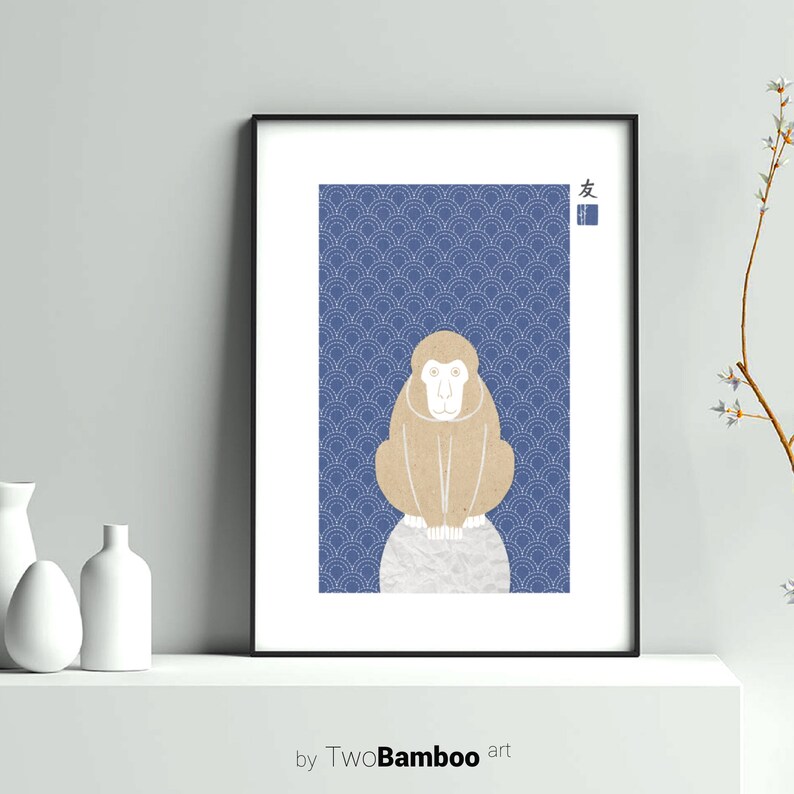 May include: A digital art print featuring a stylized illustration of a monkey sitting on a rock against a blue background with a white wave pattern. The Japanese character for "friend" is in the top right corner of the print.