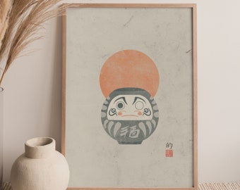 Vintage Daruma Doll Print: Japanese Zen Art, Japandi Style (Digital Download)