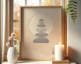 Japanese Zen Stones Art Print: Boho Seigaiha Wall Decor (Digital Download)