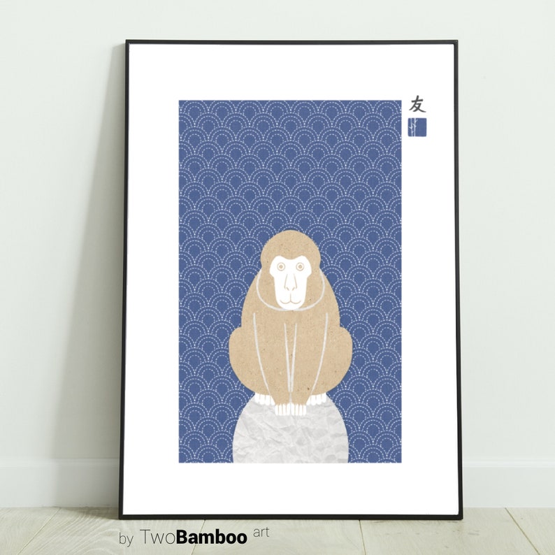 May include: A digital illustration of a monkey in a brown color sitting on a white circle against a blue background with a repeating pattern of white circles. The Japanese character for "friend" is in the top right corner of the image.