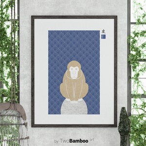 May include: A framed print of a brown monkey sitting on a white circle against a blue background with a repeating pattern of white circles and blue arcs. The text "友" is in the top right corner of the print.