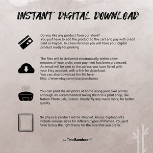 May include: Instant digital download graphic with a credit card icon, a cloud with a download arrow, a printer icon, and a picture frame. The text reads "Instant Digital Download" and includes information about how to download and print digital files.
