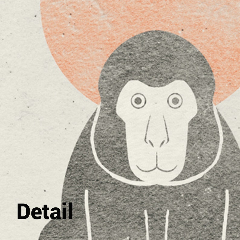 May include: A black and white illustration of a monkey with a large, round, peach-colored shape behind it. The monkey has large, round eyes and a small, pointed nose. The word "Detail" is written in black at the bottom of the image.