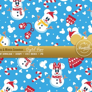 Mickey and Minnie Snowmen Digital Paper - High quality JPG file - 300 DPI - Seamless pattern